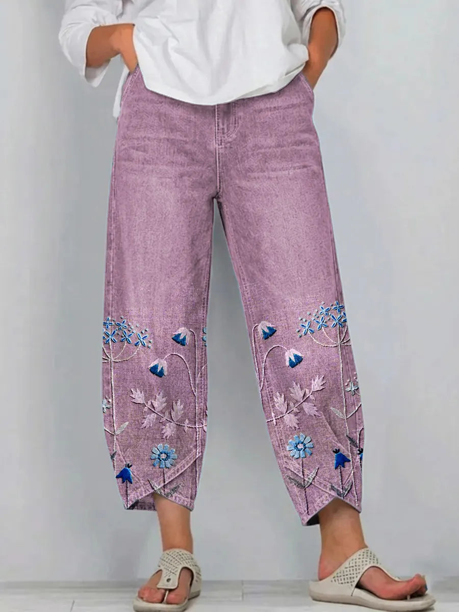 Denise – Floral Embroidered Denim-Look Pants