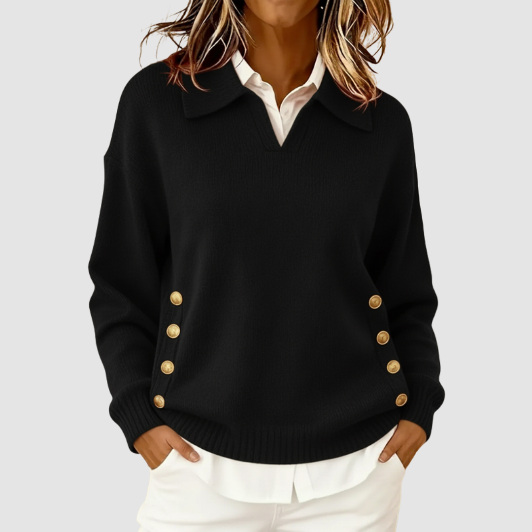 Vivien – Collared Knit Jumper with Side Buttons