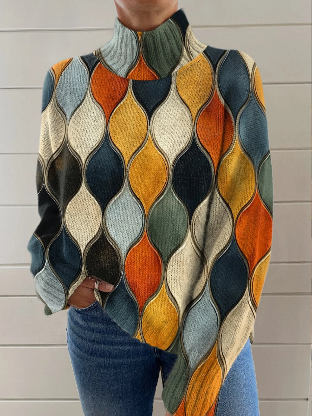 Shannon – Retro Geometric Turtleneck Jumper