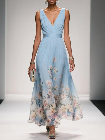 Alina | Light Blue Floral Chiffon V-Neck Maxi Dress