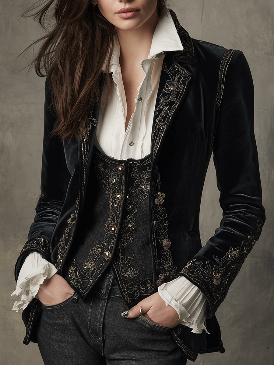 Angela – Velvet Embroidered Statement Blazer