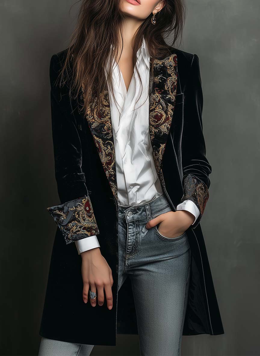 Loretta – Velvet Longline Blazer with Baroque Lapels