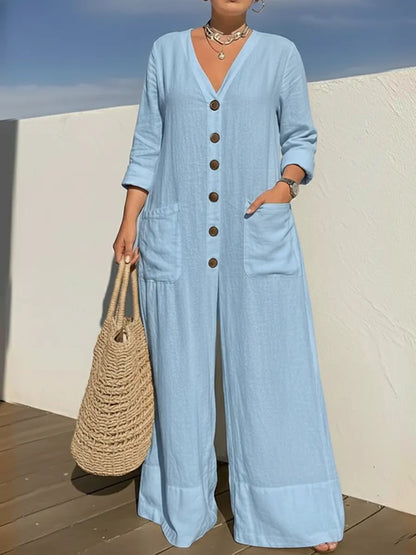 Tamara – Button-Front Wide Leg Linen-Look Jumpsuit