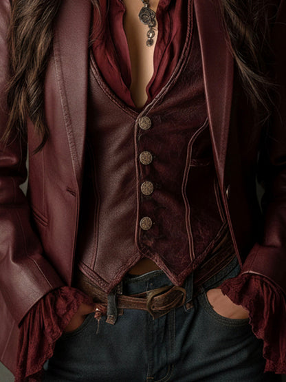 Veronica – Faux-Leather Blazer with Ruffle Detail