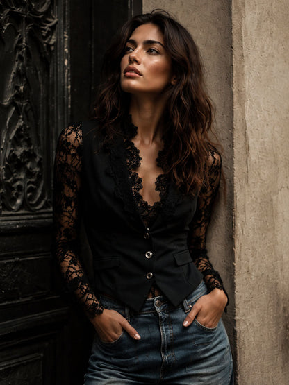 Naomi – Structured Blazer with Lace Sleeves