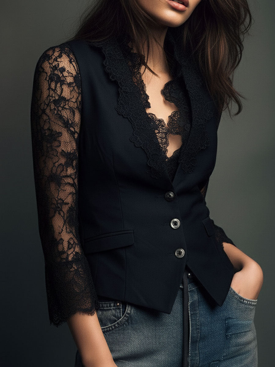 Naomi – Structured Blazer with Lace Sleeves