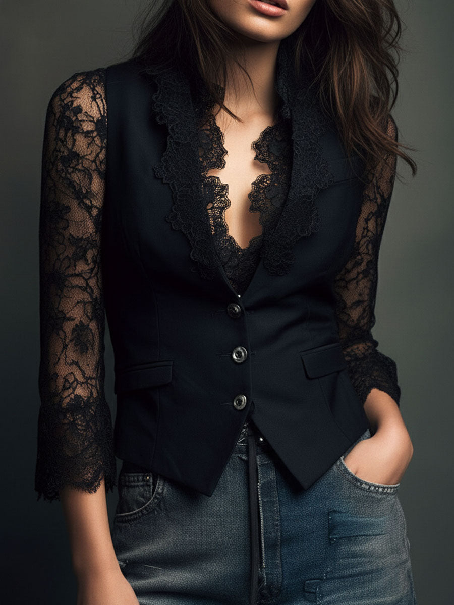 Naomi – Structured Blazer with Lace Sleeves