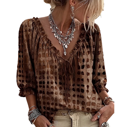 Jillian – Ruffled Tie-Front Spot Print Blouse