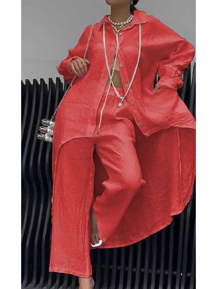 Barbara – Linen-Look Long Shirt and Wide-Leg Pant Set
