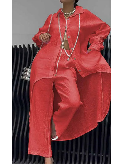 Barbara – Linen-Look Long Shirt and Wide-Leg Pant Set