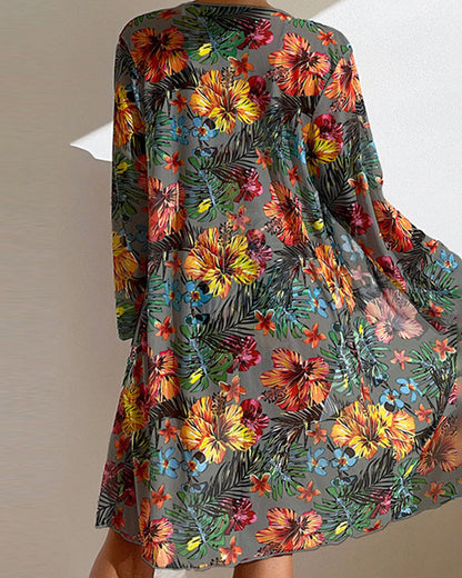 Kim – Tropical Print Bikini Set with Kimono Cover-Up