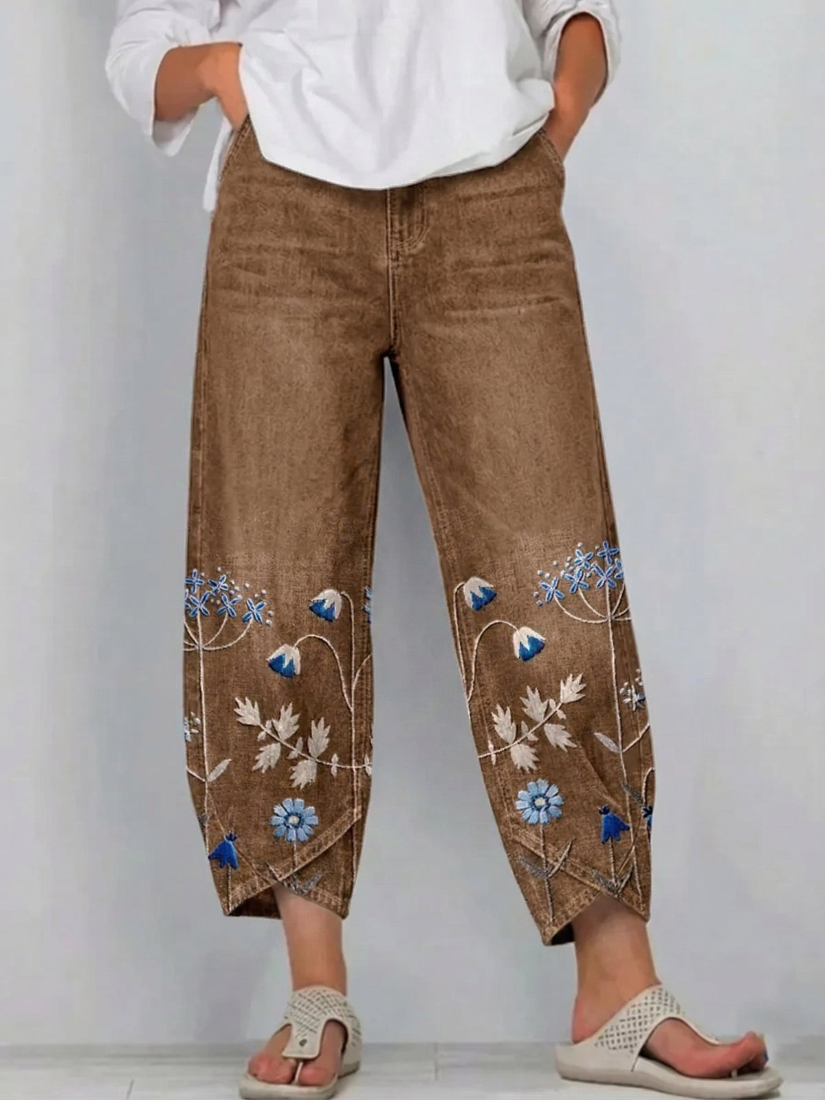 Denise – Floral Embroidered Denim-Look Pants