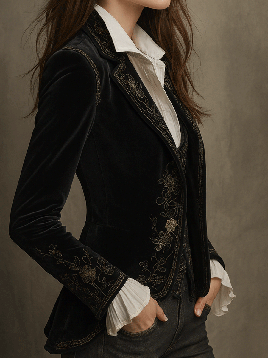 Angela – Velvet Embroidered Statement Blazer