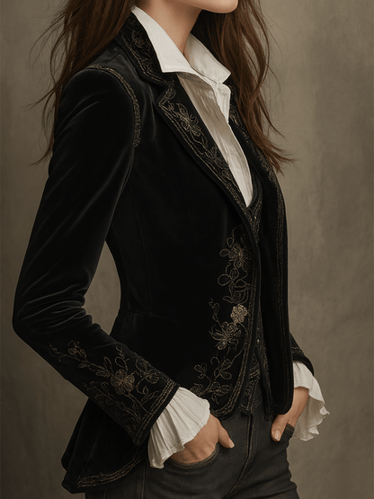 Angela – Velvet Embroidered Statement Blazer