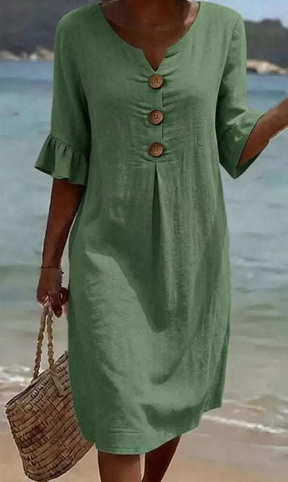 Kara – Relaxed Linen-Look Button Detail Dress