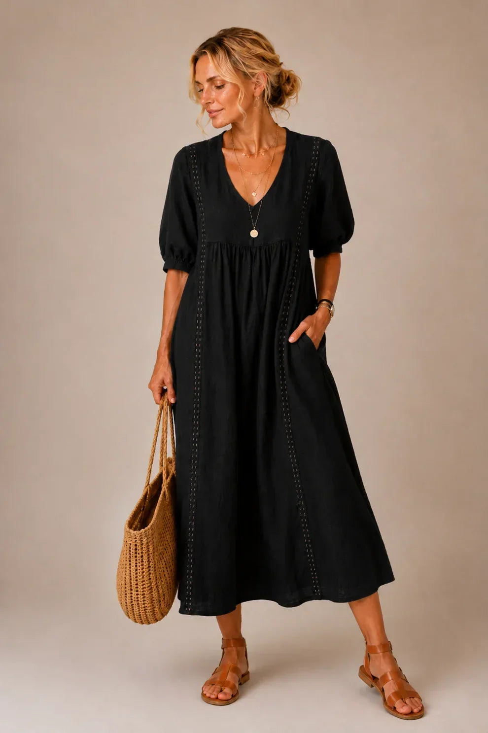 Linda – Lace-Trim Relaxed Midi Dress