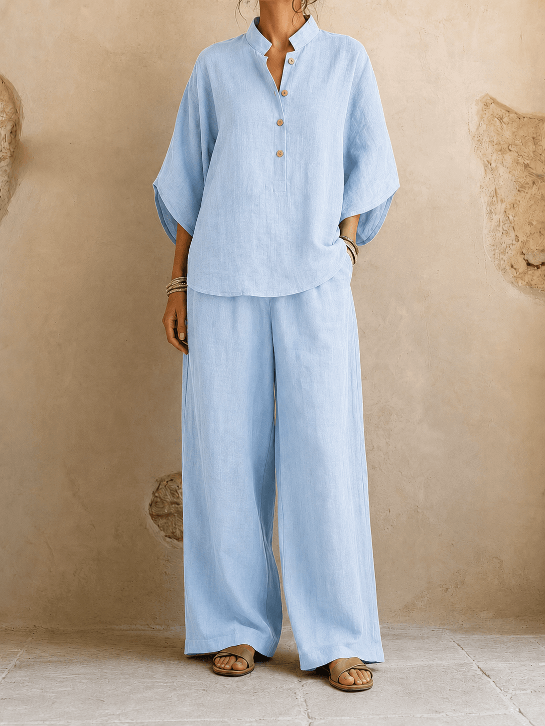 Lynne – Linen-Look Batwing Top and Wide-Leg Pants Set