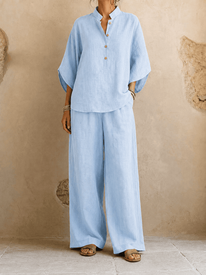 Lynne – Linen-Look Batwing Top and Wide-Leg Pants Set