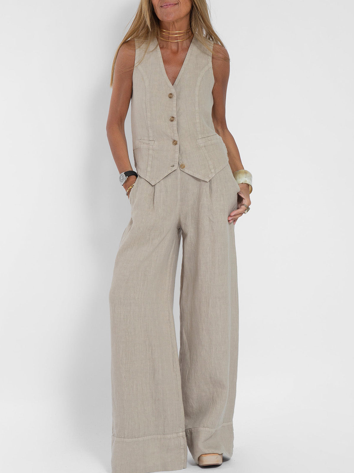 Cristina | Buttoned Vest and Wide-Leg Pants Set