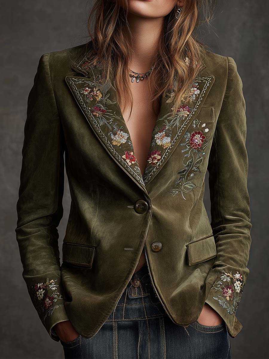 Judy – Floral Embroidered Velvet-Look Blazer
