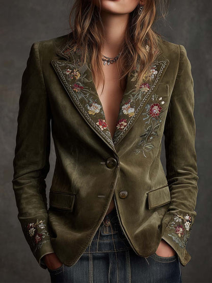 Judy – Floral Embroidered Velvet-Look Blazer