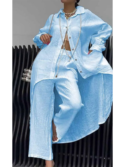 Barbara – Linen-Look Long Shirt and Wide-Leg Pant Set