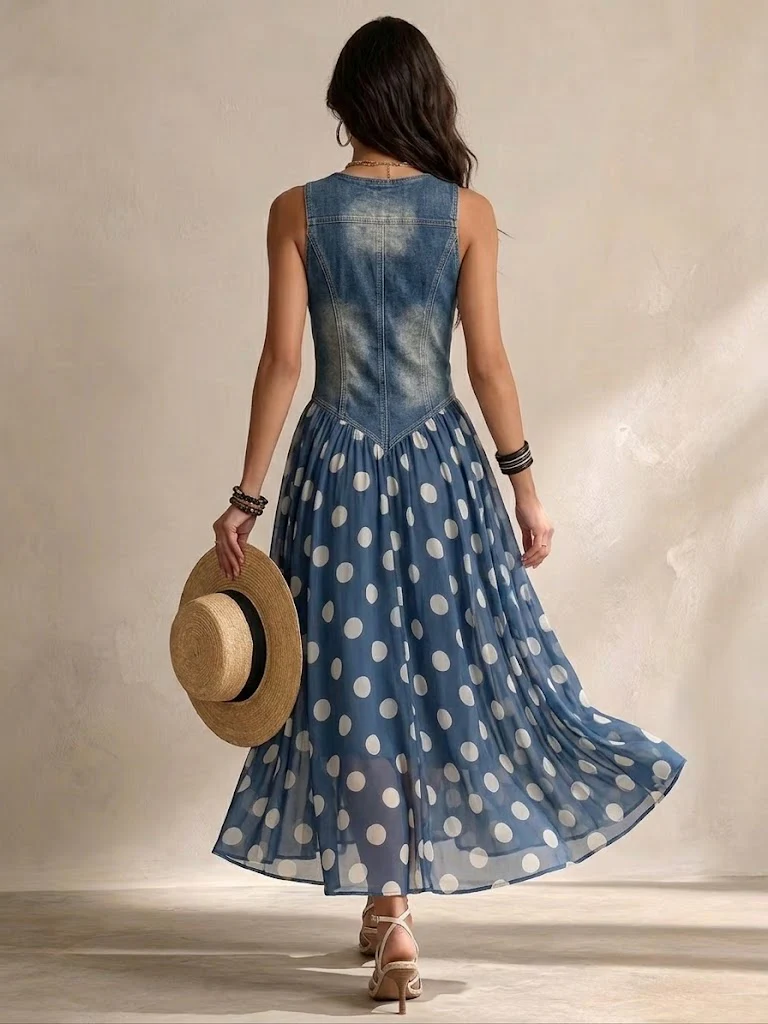 Vicki – Denim Bodice Polka Dot Midi Dress