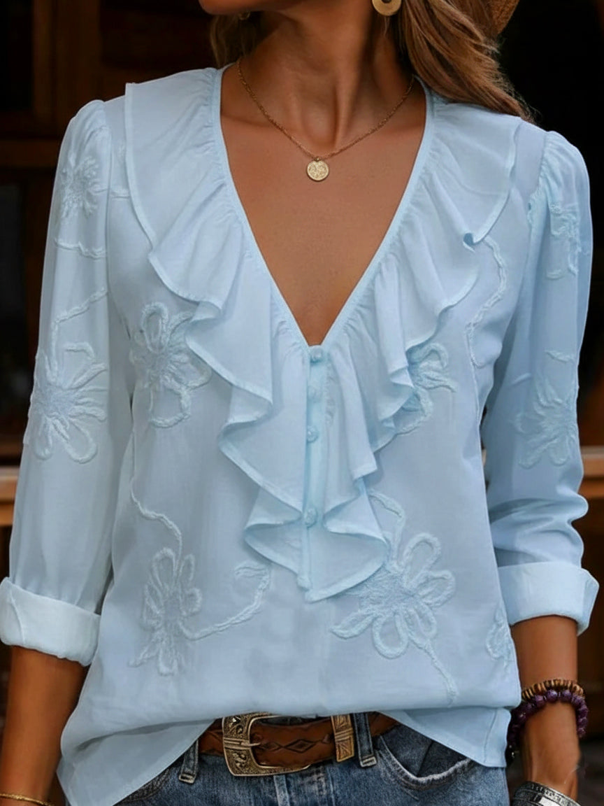 Elizabeth – Ruffle V-Neck Floral Embroidered Blouse