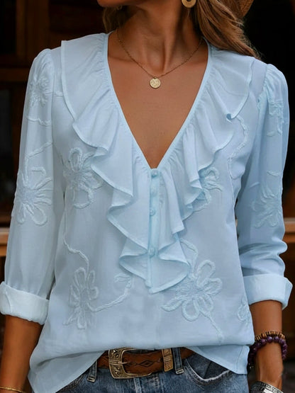 Elizabeth – Ruffle V-Neck Floral Embroidered Blouse