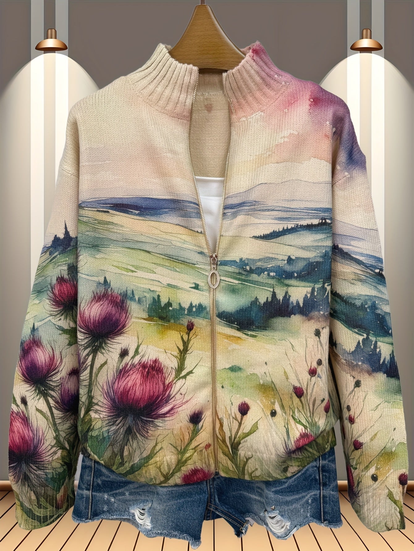 Melissa – Scottish Thistle Landscape Zip Jacket