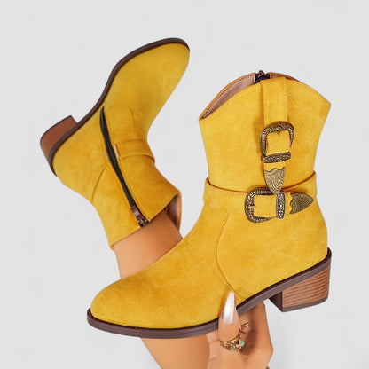 Roberta – Western Buckle Block Heel Boots