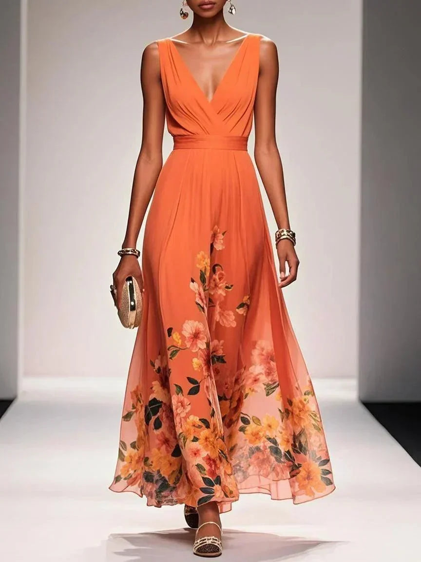 Alina | Light Blue Floral Chiffon V-Neck Maxi Dress