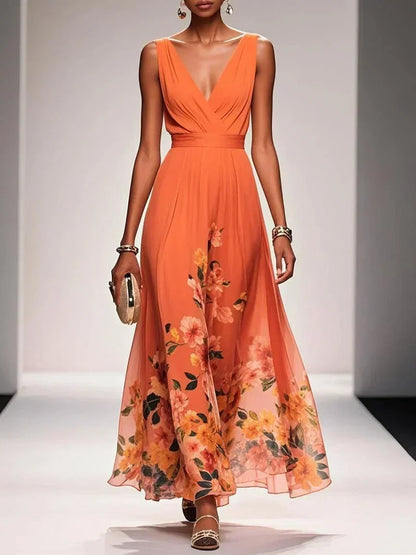 Alina | Light Blue Floral Chiffon V-Neck Maxi Dress