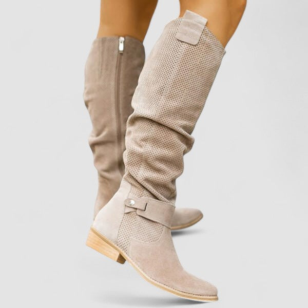 Cynthia – Knee-High Perforated Suede Boots