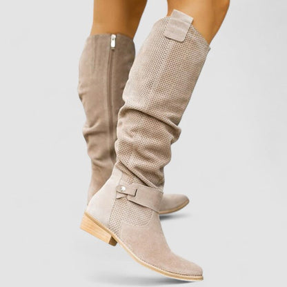 Cynthia – Knee-High Perforated Suede Boots