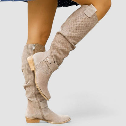 Cynthia – Knee-High Perforated Suede Boots