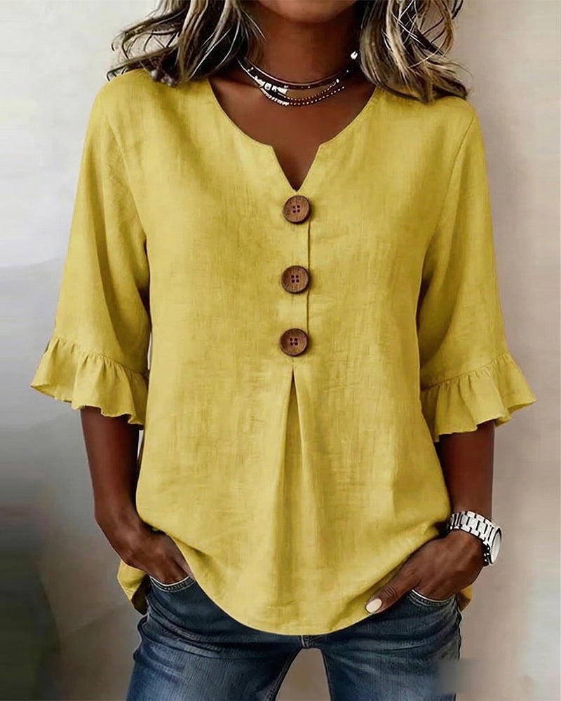 Glenda – Linen-Look Blouse with Ruffle Sleeves