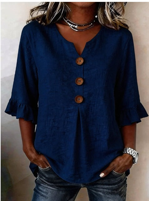 Glenda – Linen-Look Blouse with Ruffle Sleeves