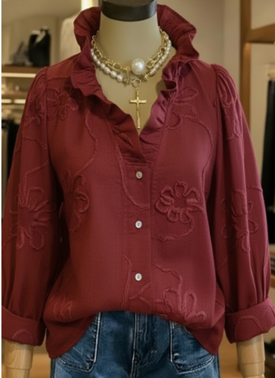 Leonie – Embroidered Ruffle Neck Blouse