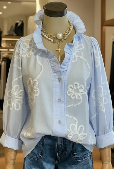 Leonie – Embroidered Ruffle Neck Blouse