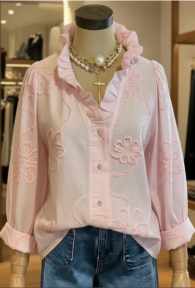 Leonie – Embroidered Ruffle Neck Blouse