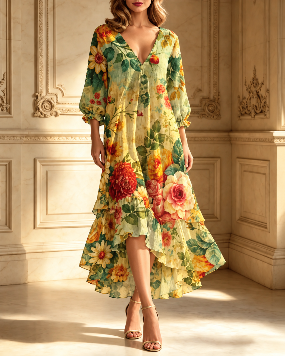Maria – Floral V-Neck Midi Dress