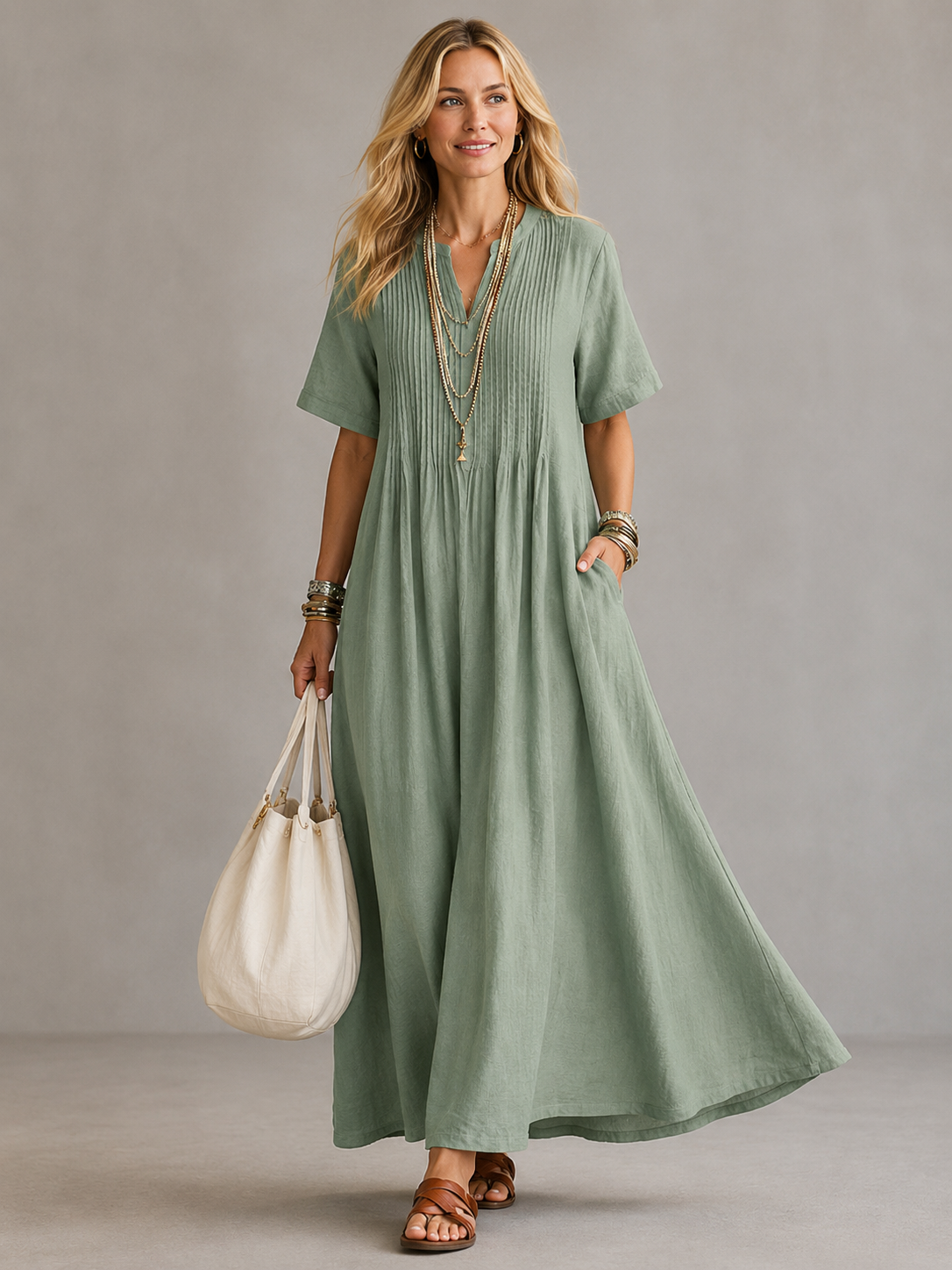 Pamela – Pleated V-Neck Maxi Dress