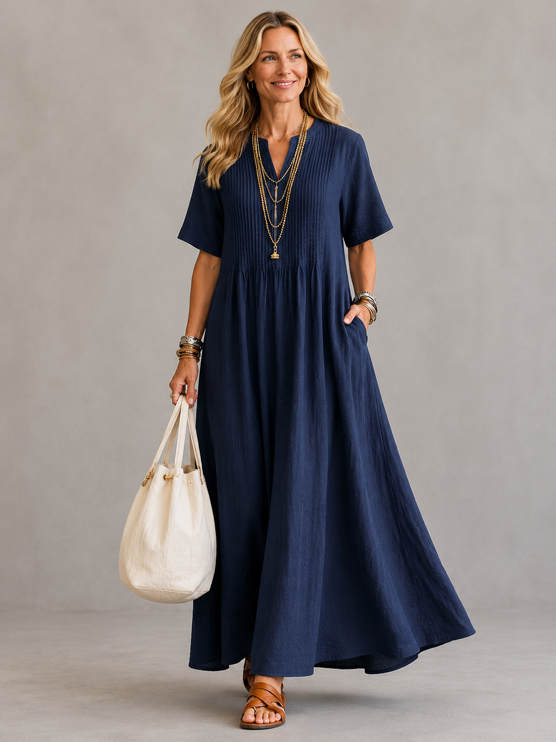 Pamela – Pleated V-Neck Maxi Dress