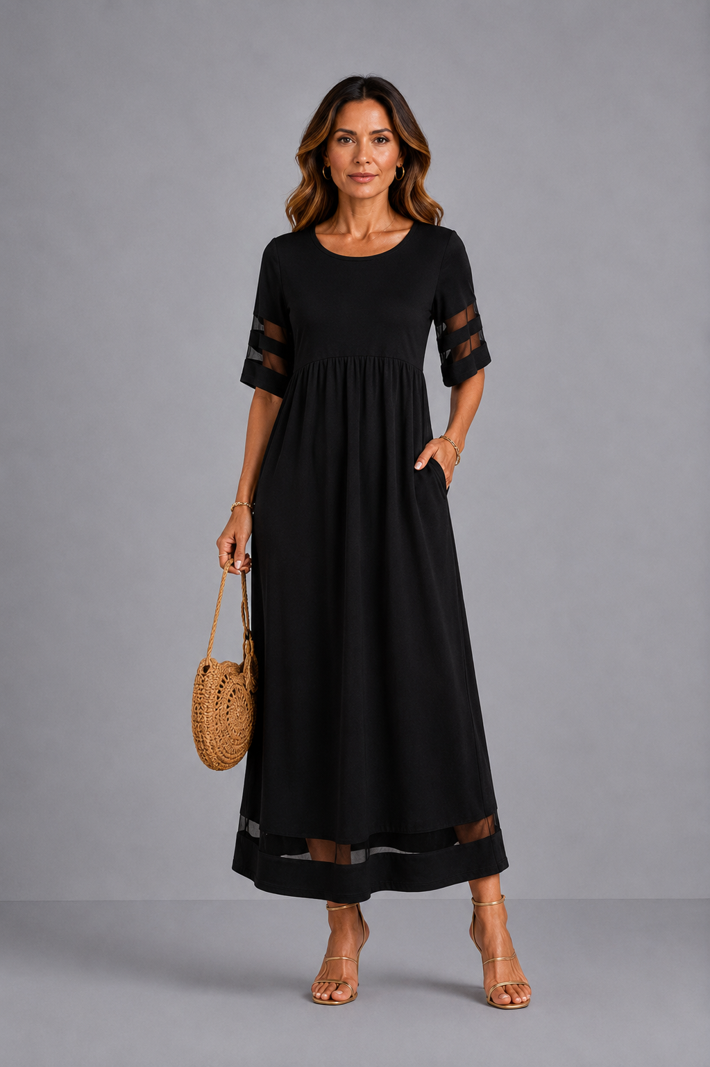 Patricia – Empire Waist Midi Dress with Mesh Trim