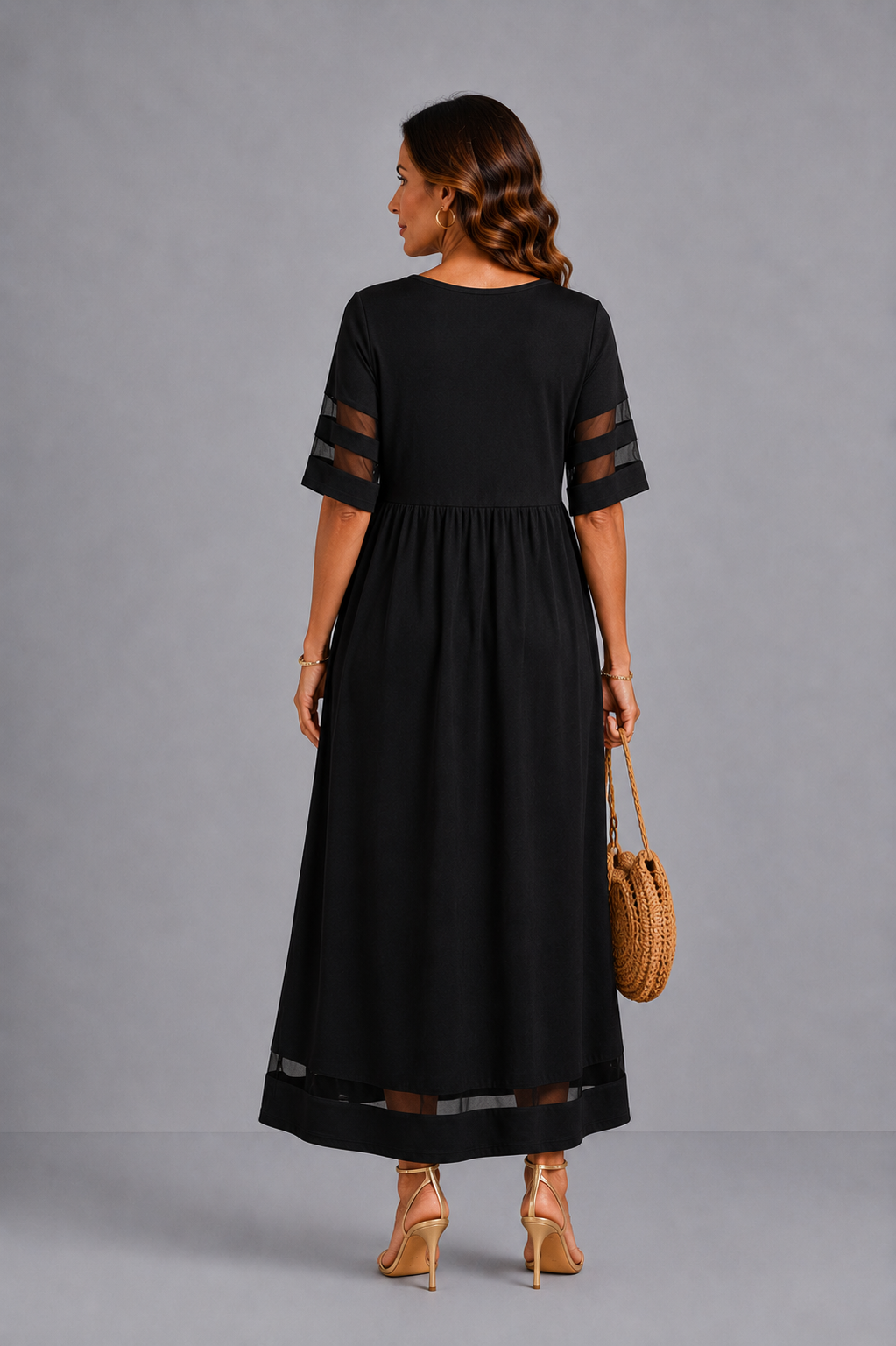 Patricia – Empire Waist Midi Dress with Mesh Trim