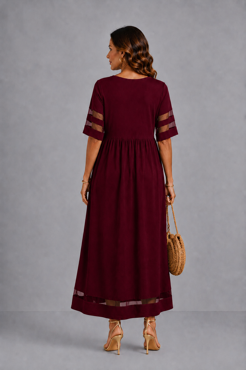 Patricia – Empire Waist Midi Dress with Mesh Trim