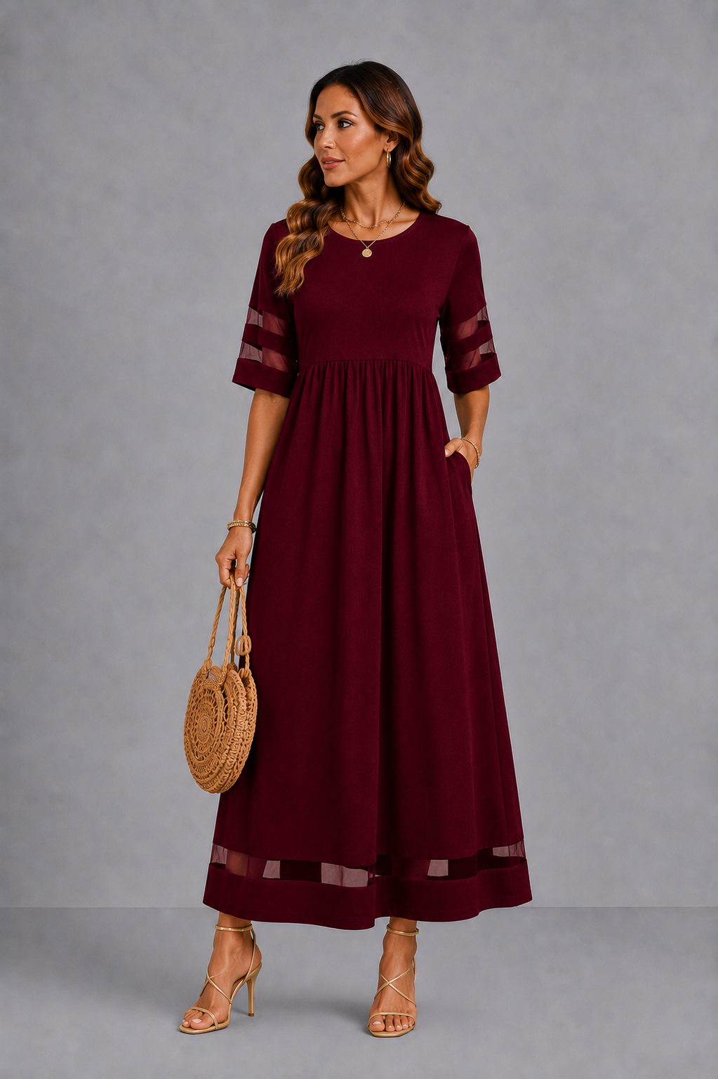 Patricia – Empire Waist Midi Dress with Mesh Trim