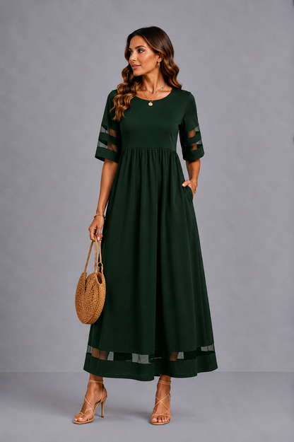Patricia – Empire Waist Midi Dress with Mesh Trim