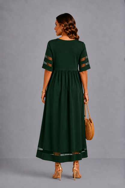 Patricia – Empire Waist Midi Dress with Mesh Trim